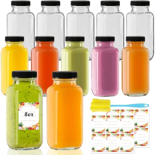 Yokodaza 8 oz Glass Juice Bottles with Lids 12-Pack - Reusable Small Juice Drinking Jars for Green Juices, Shots & Smoothies