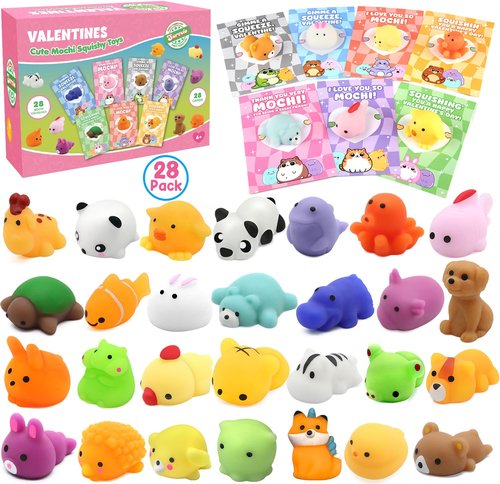 SURCVIO 28 Pack Valentines Day Gifts for Kids School, Animal Mochi Squishies with Greeting Cards, Classroom Exchange Party Favors, Stress Relief Fidget Toys, School Prize Supplies