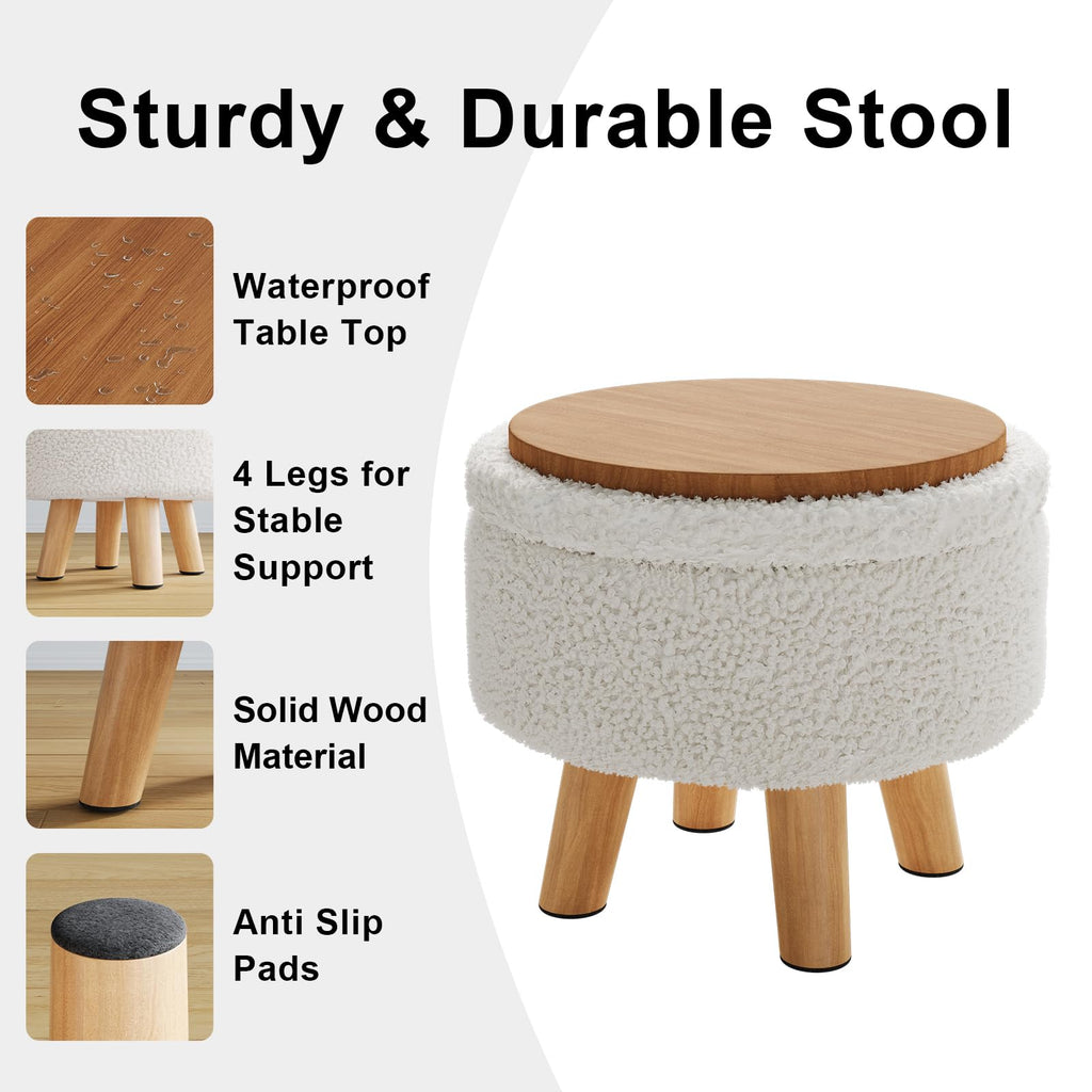 WBKATN Small Ottoman Footrest, White Boucle Foot Stool, Round Pouf Ottoman with Storage, Teddy Velvet Foot Rest for Couch, Living Room, Nursery, Small Coffee Table Ottomans Stool