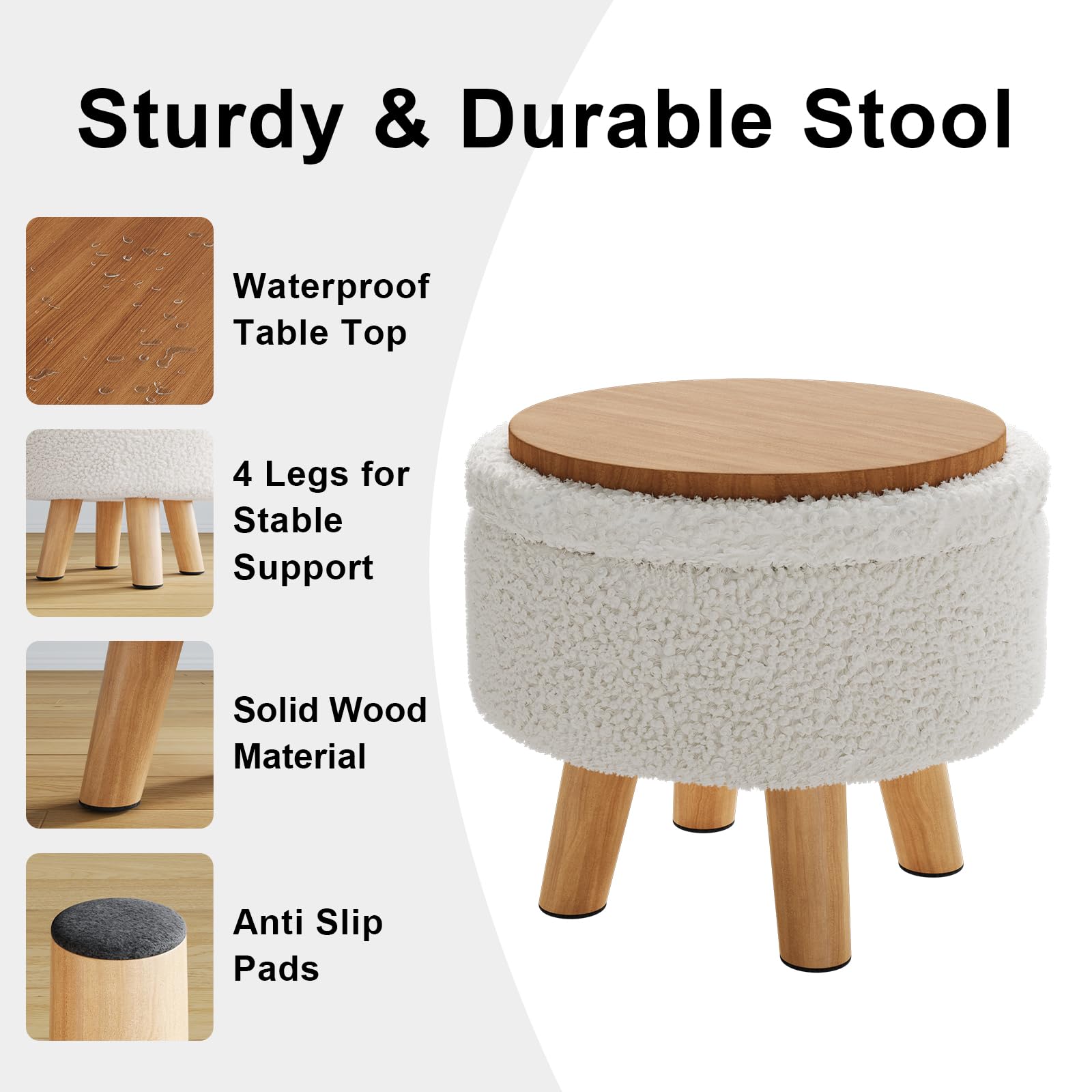 WBKATN Small Ottoman Footrest, White Boucle Foot Stool, Round Pouf Ottoman with Storage, Teddy Velvet Foot Rest for Couch, Living Room, Nursery, Small Coffee Table Ottomans Stool