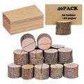 whatUneed 20 Pack Place Card Holders, Rustic Real Wood with Wooden Bark Table Card Holder, Number Photo Stand Place Name Memo Card Holder for Wedding Party (20 Holders+20 Kraft Place)