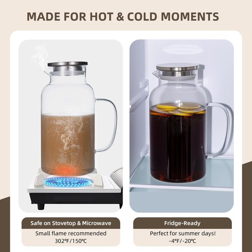 Vekonn Glass Water Pitcher with Lid and Spout, 1 Gallon Heat Resistant Borosilicate Glass Carafe, Temperature Safe