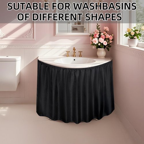 Fabric Sink Skirt Waterproof Self-Adhesive Bathroom Sink Skirt Diamond Stitch Design, 55 x 32 Inches, Adds Under Sink Storage (Black)