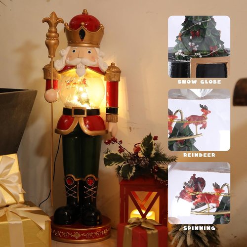 Bdor Large Luxury Nutcracker Soldier | 30-Inch Handcrafted Christmas Decoration with Rotating Reindeer Snow Globe