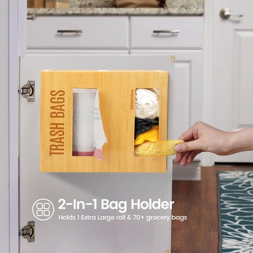 Libreshine Extra Large Bamboo 2-in-1 Trash Bag Dispenser & Roll Holder – Fits Costco Kirkland & Members Mark Jumbo Rolls, Wall/Under-Sink/Cabinet Mountable, Dual-Slot Storage for 2 Rolls