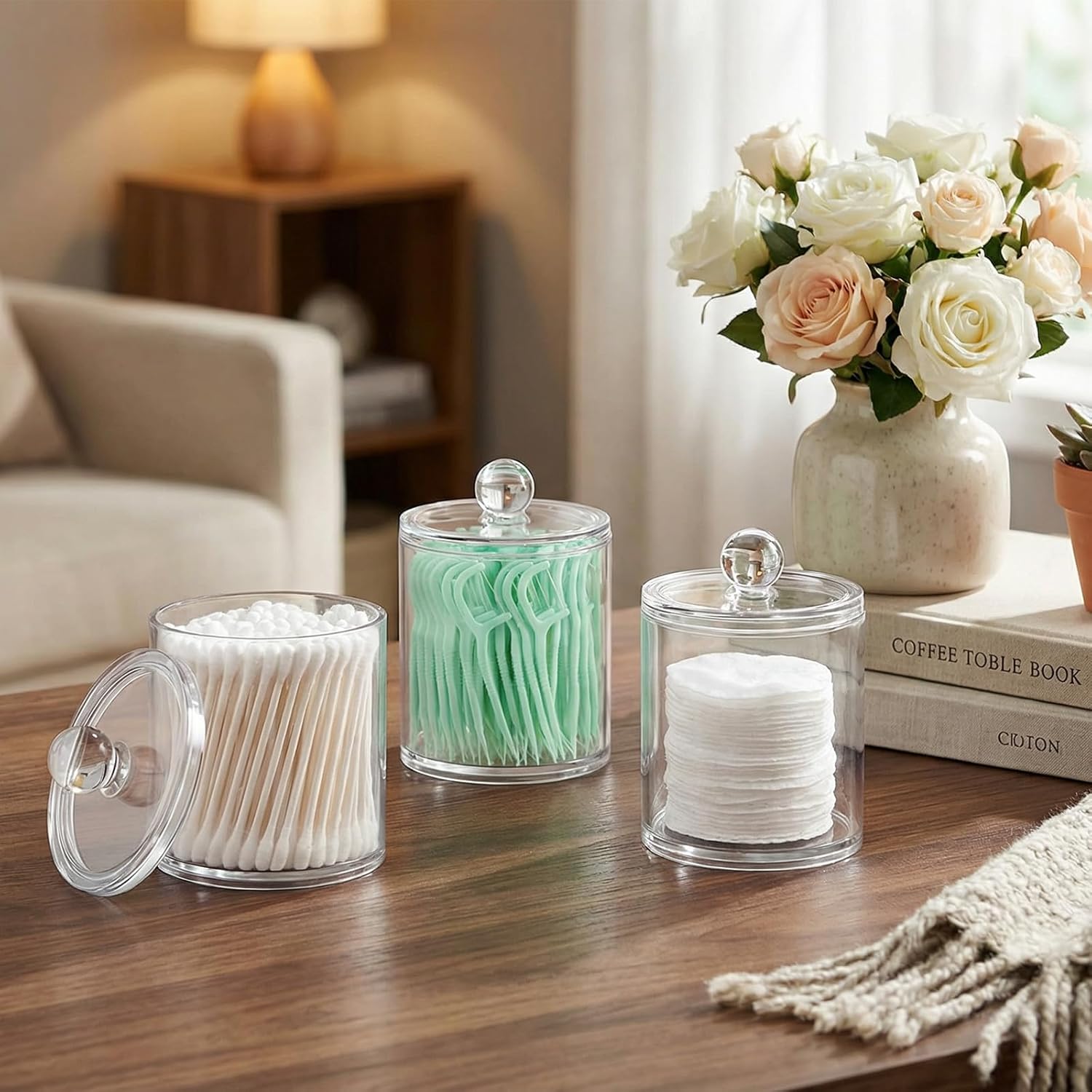 SheeChung Clear Acrylic Qtip Holder - Shatterproof Bathroom Organizer Jars | Minimalist Cotton Swab Canisters