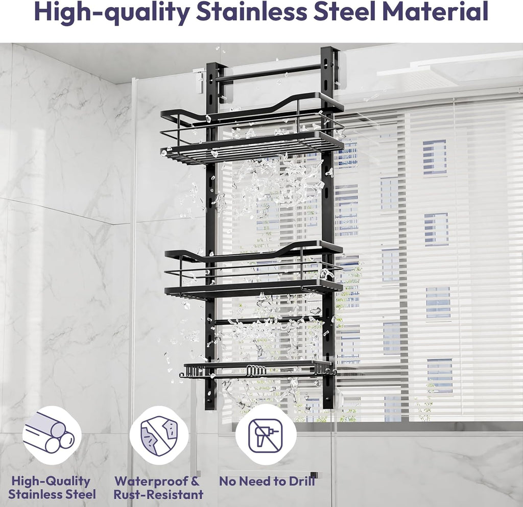 SWTYMIKI Over The Door Shower Caddy - 3 Tier Adjustable Organizer with Soap Holder | No Drilling Stainless Steel, Black