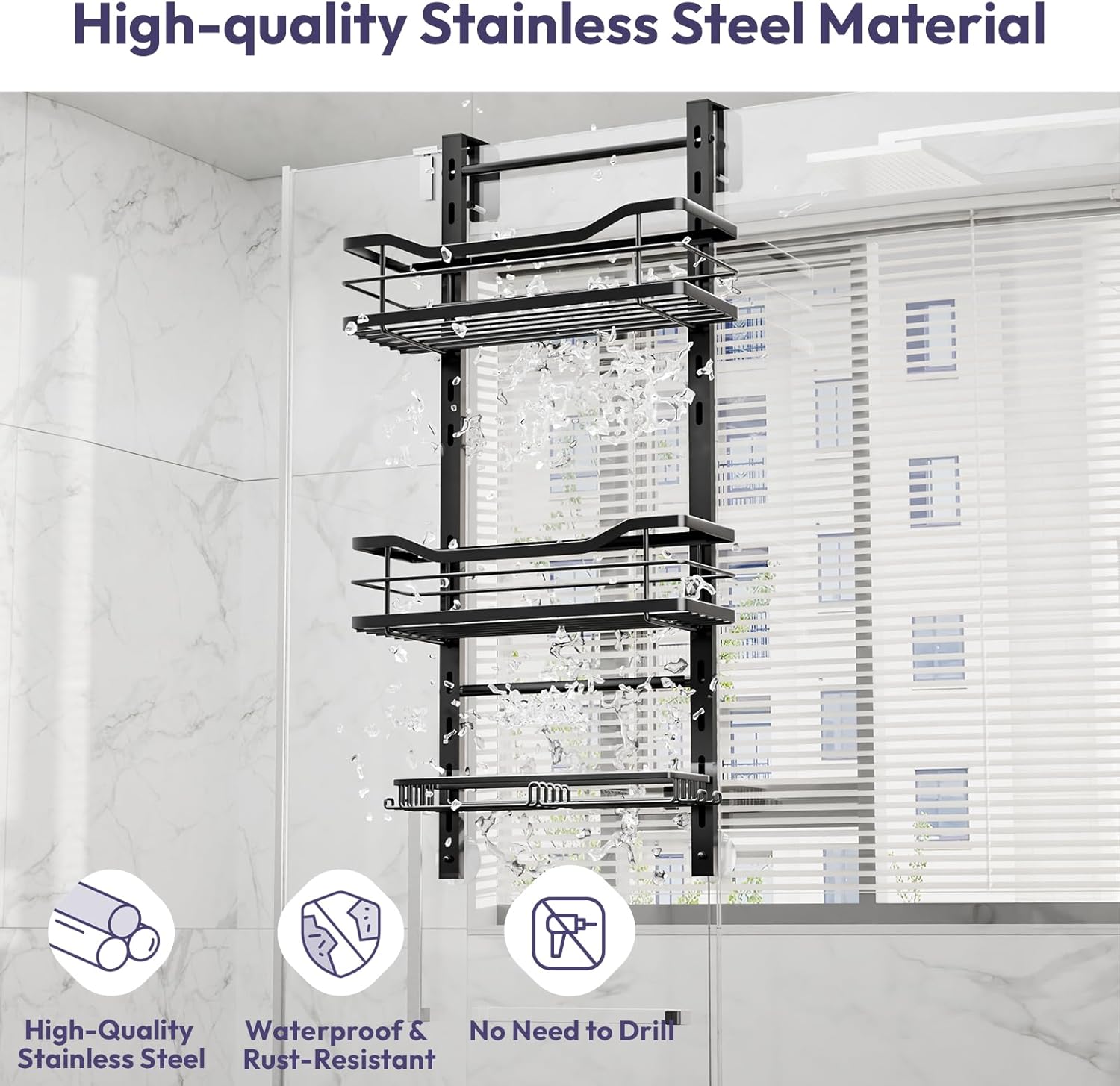 SWTYMIKI Over The Door Shower Caddy - 3 Tier Adjustable Organizer with Soap Holder | No Drilling Stainless Steel, Black