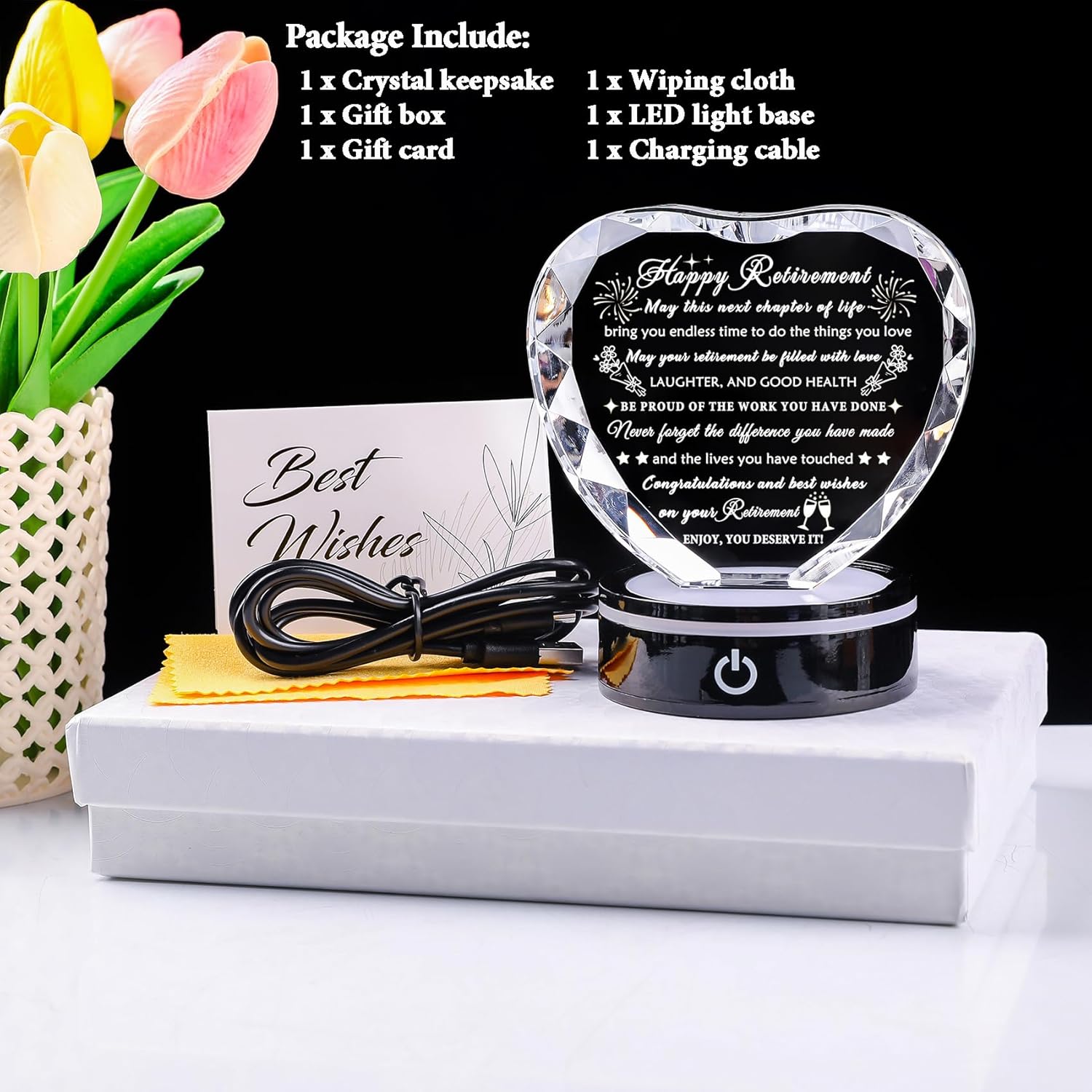 YWHL Retirement Gifts - LED Base Crystal Heart Keepsake | Perfect Farewell Gift for Retirees, Friends & Bosses