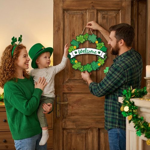 St. Patrick’s Day Decorations, Welcome Shamrock Door Sign, Clover Wooden Hanging Sign, St. Patrick’s Day Shamrock Wreath Door Hanger for Front Door Porch Wall Entryway