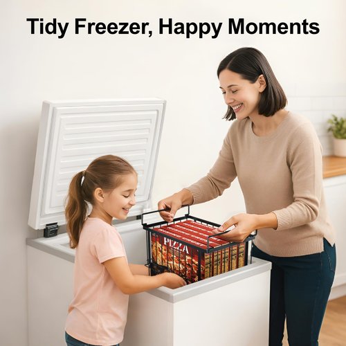 iSPECLE Freezer Organizer Bins, 2 Pack Fits 12" Pizza Adjustable for 5 to 7 Cu.Ft Chest Freezer, Stackable Wire Baskets with Handles, Heavy Duty Storage for Bulk Meat & Frozen Food, Black