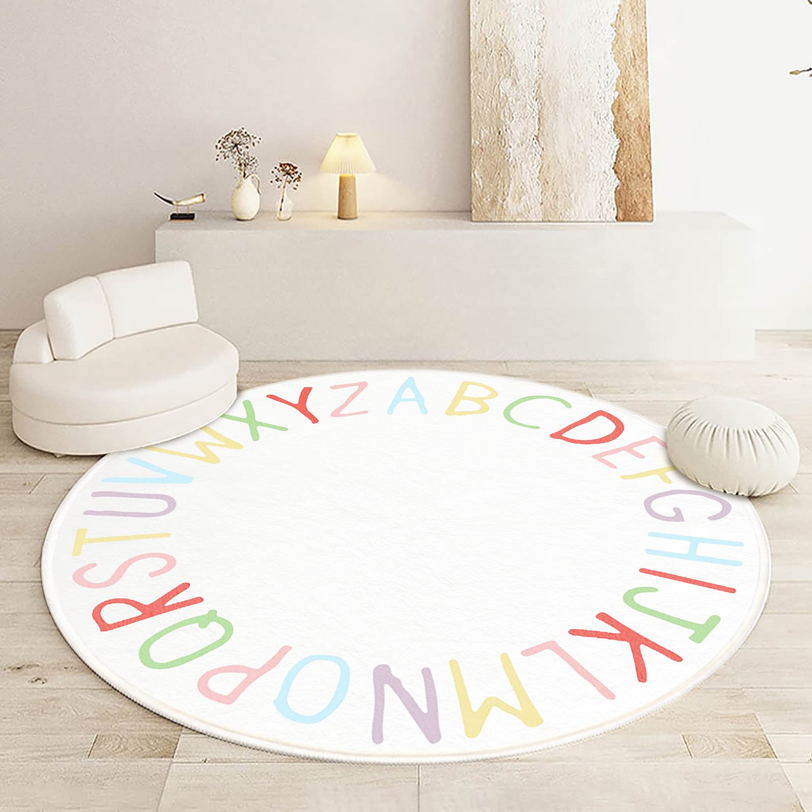 SHIPKEY Round Kids' Rug, Play Rug for Boys, Colored Alphabet Nursery Area Rugs, Kids Bedroom Rugs, Non-Slip Mat, Carpet for Living Room (4 feet)