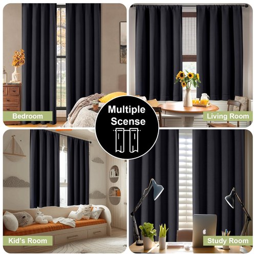 OWENIE Sally Blackout Curtains for Bedroom 63 Inch Length 2 Panels Set, Solid Thermal Insulated Room Darkening Rod Pocket Privacy Window Treatment Curtains Blackout Drapes, W40 x L63 Inch, Black