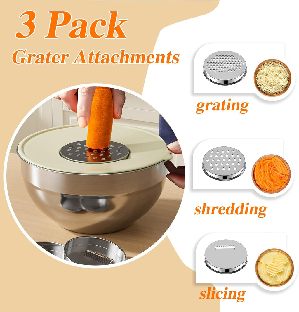 Stainless Steel Mixing Bowls Set by [Brand Name] - 6 PCS with Lids & 3 Grater Attachments | Large Nesting Sizes 4.5QT to 0.7QT