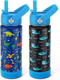 Fimibuke Kids Insulated Water Bottle - 18oz BPA-Free Double Wall Tumbler | Leak-Proof Stainless Steel (2 Pack, Dinosaur/Shark)