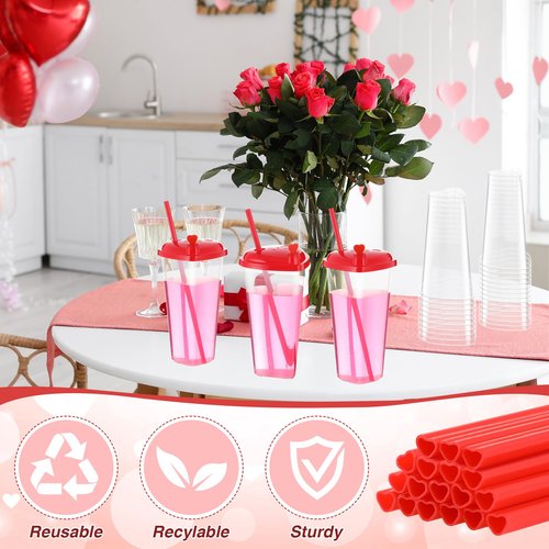 Potchen 160 Sets Heart Shaped Plastic Cups with Straws 16 oz Disposable Cups with Lid and Straws for Valentines Birthday Wedding Anniversary Party Supplies (Red)