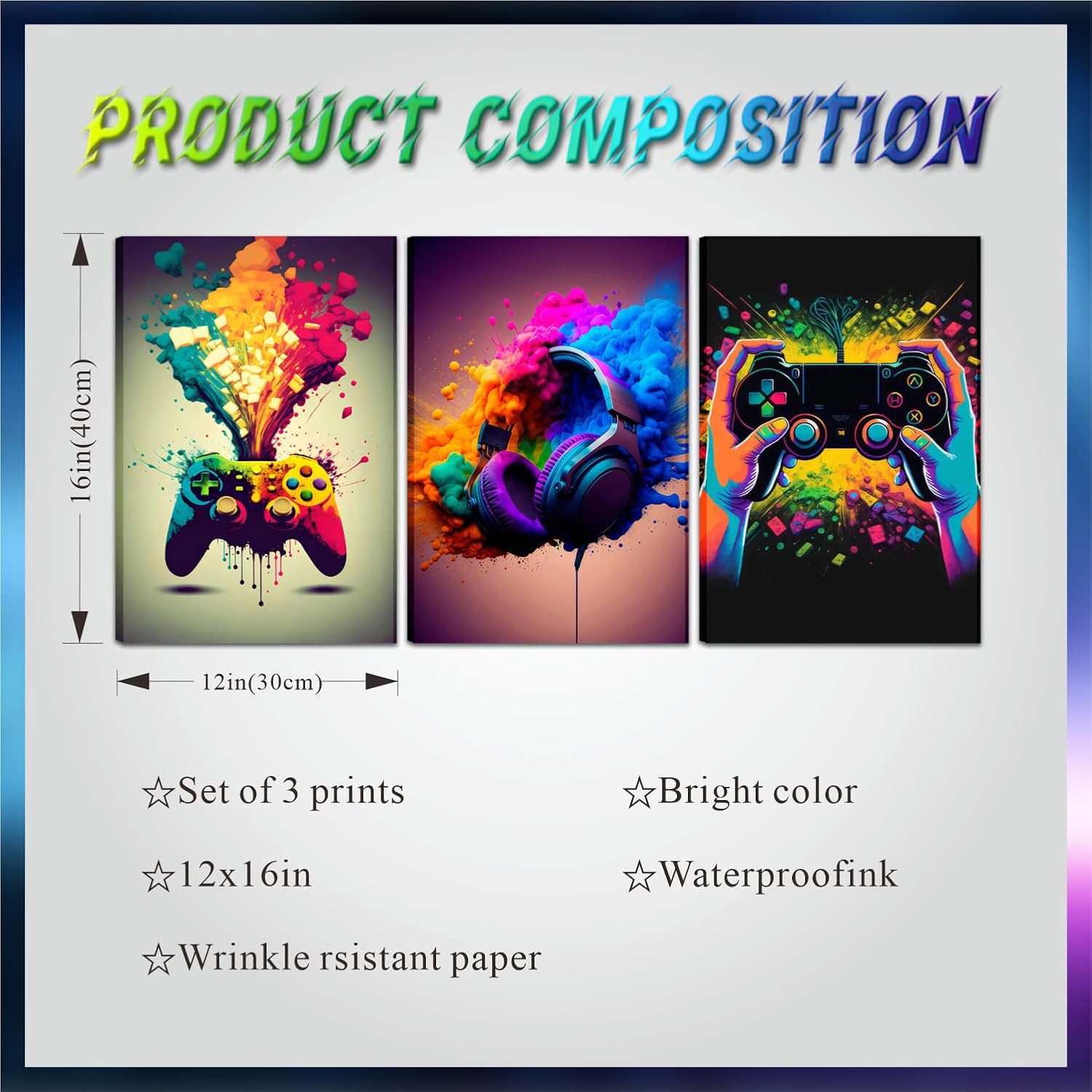 Skiennix Gaming Room Decor - Set of 3 Framed Canvas Posters for Boys' Bedrooms | 16x24 in