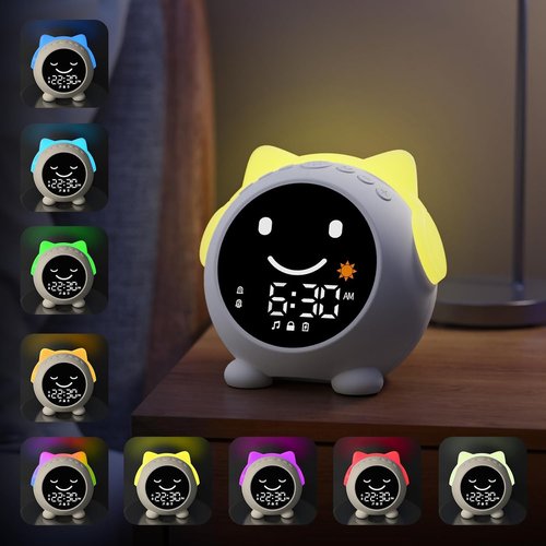 JAHUYU Kids Alarm Clock with Sleep Training, LED Night Light, Bluetooth Music, Multi-Color Display, Sound Machine, OK to Wake Light for Toddlers and Children