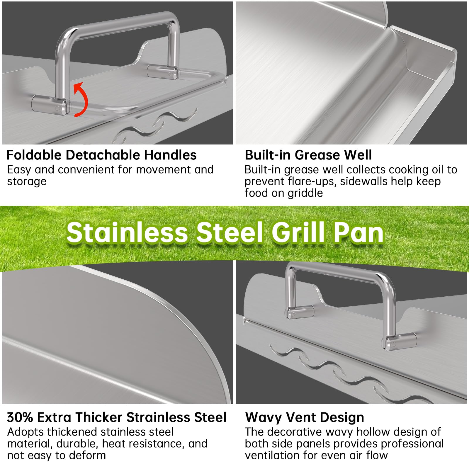 Universal Stainless Steel Griddle Flat Top Plate with Even Heating Bracing for BBQ Charcoal and Gas Grills, Camping, Tailgating, and Parties,with Grease Groove and Removable Handles (17" x 13")