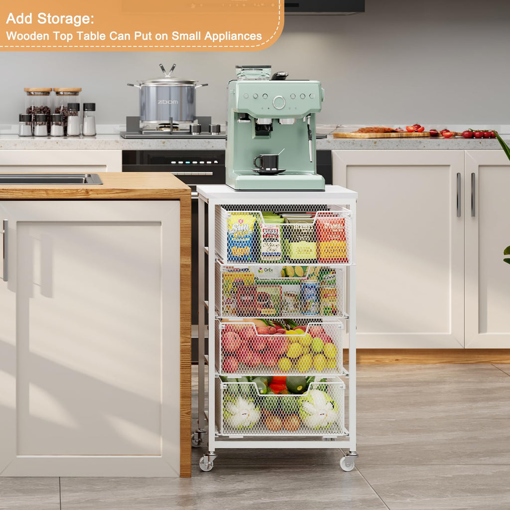 4-Tier Kitchen Storage Cart - Fruit Vegetable Storage Cart with Drawers, Wooden Top Metal Wire Kitchen Organizer and Storage Cart with Wheels to Storage Onions Potatoes Cans Snacks for Kitchen