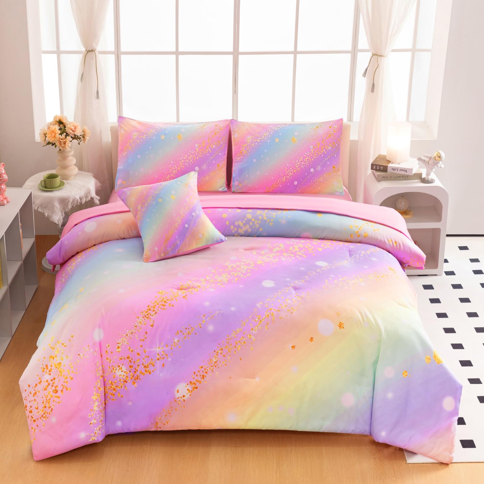 ASKOTU Full Size Bedding Sets for Girls, 6 Pcs Bed in A Bag Full Glitter Galaxy Bedding Set, Girls Pink Rainbow Comforter Set with Sheets