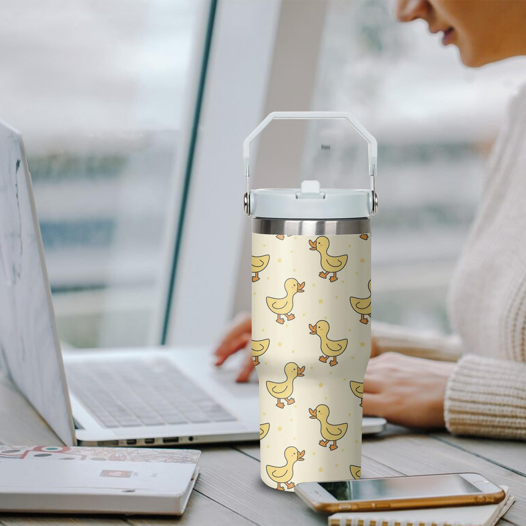 Xchearser Duck Tumbler with Handle and Flip Straw for Women Men, 30oz Cute Stainless Steel Insulated Cup, Water Bottle Travel Coffee Mug, Gifts for Animal Lovers