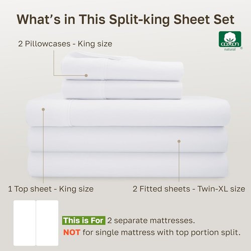California Design Den Split King Sheet Set - 100% Soft Cotton, 400 TC, Silky Smooth Sateen, Deep Pockets - White