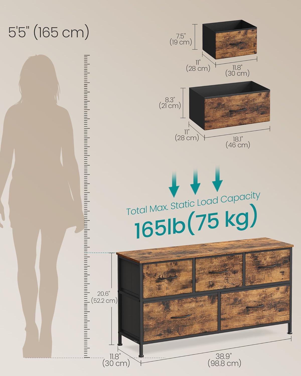 SONGMICS Dresser - 5-Drawer Chest of Drawers for Bedroom Storage | Rustic Brown & Ink Black