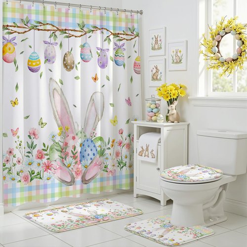 Mocsicka 4pcs Easter Shower Curtain Set Cute Bunny Eggs Spring Floral Shower Curtain for Easter Bathroom Decor Set with Non-Slip Washable Bath Rugs, Toilet Lid Cover 72 x 72 Inch