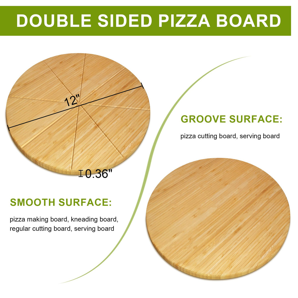 Pizza Cutting Board Round 12inch 2Pack Bamboo Wooden Lightweight Double Sided Pizza Tray Meat Bread Cheese Serving Platter Pizza Oven Accessories Pizza Prep Board Paddle Blocks Circular Circle