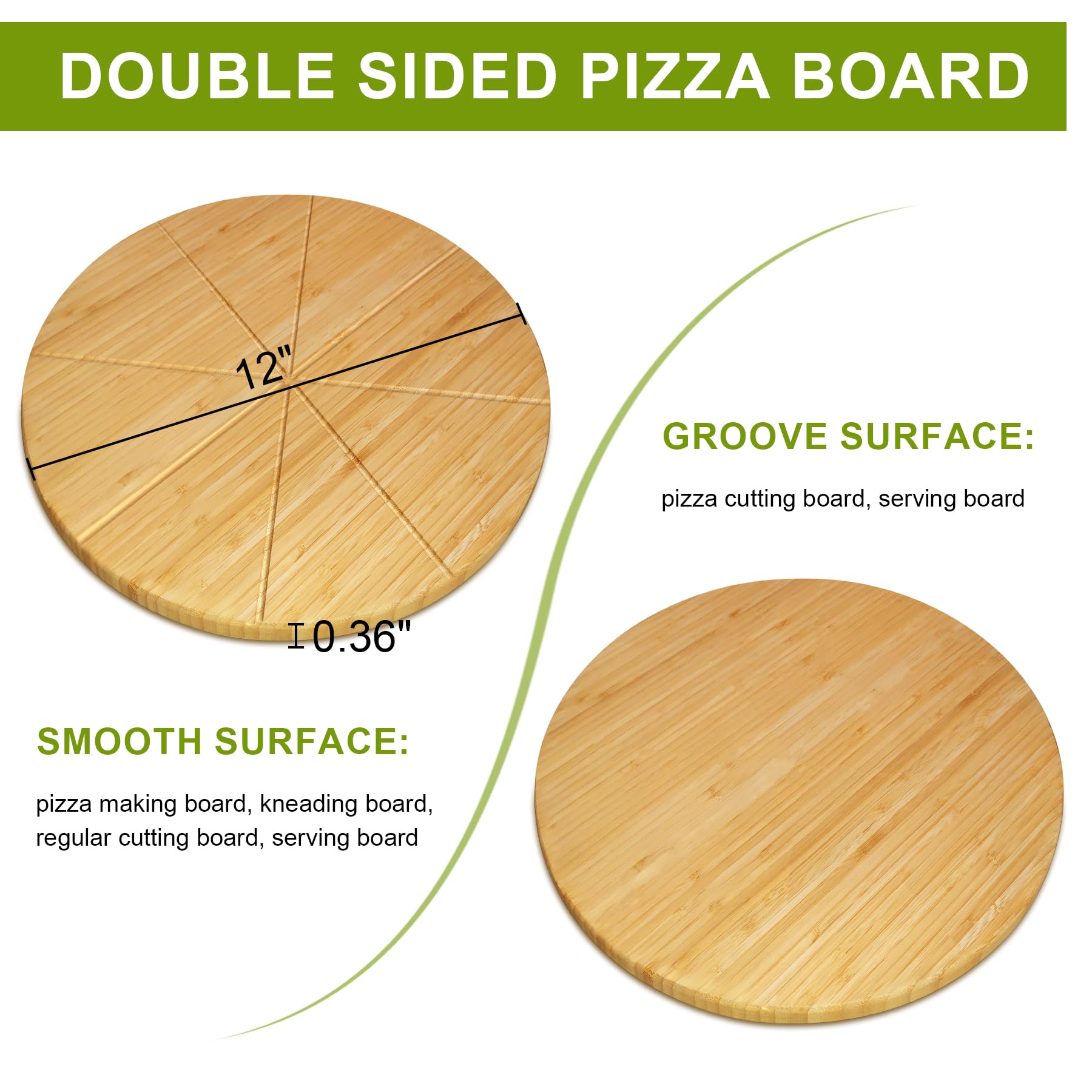 Pizza Cutting Board Round 12inch 2Pack Bamboo Wooden Lightweight Double Sided Pizza Tray Meat Bread Cheese Serving Platter Pizza Oven Accessories Pizza Prep Board Paddle Blocks Circular Circle