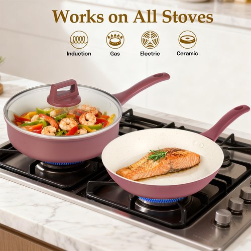 M MELENTA Pots and Pans Set Non Stick, 11-Piece Nonstick Induction Cookware Set, Non-Toxic Kitchen Cooking Set with Frying Pans, Saucepan, Stock Pot, PFOA Free, Red Brown