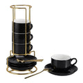 RENEWREVITAL 3 Ounce Espresso Cups Set of 4, Stackable Demitasse Mugs, Includes Display Stand, Cups Saucers, and Spoons, for Machines & Home Use, Black, Gold Tone