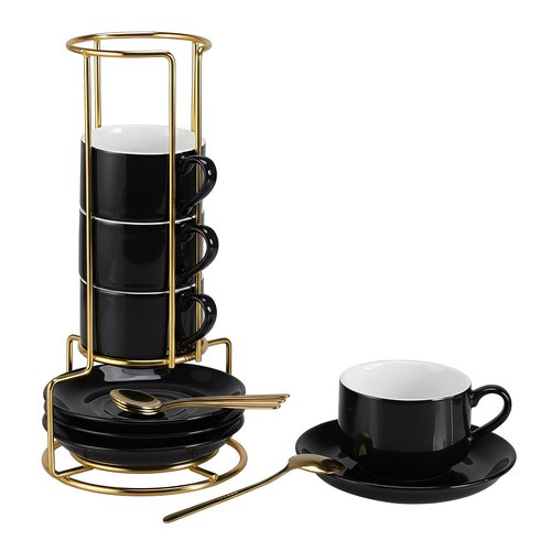 RENEWREVITAL 3 Ounce Espresso Cups Set of 4, Stackable Demitasse Mugs, Includes Display Stand, Cups Saucers, and Spoons, for Machines & Home Use, Black, Gold Tone