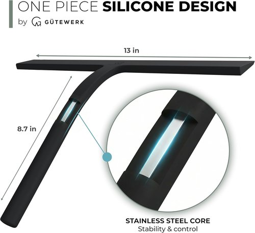 GÜTEWERK Silicone Shower Squeegee - Streak-Free Glass & Mirror Cleaner | 13-Inch, Black, No-Drill Mount