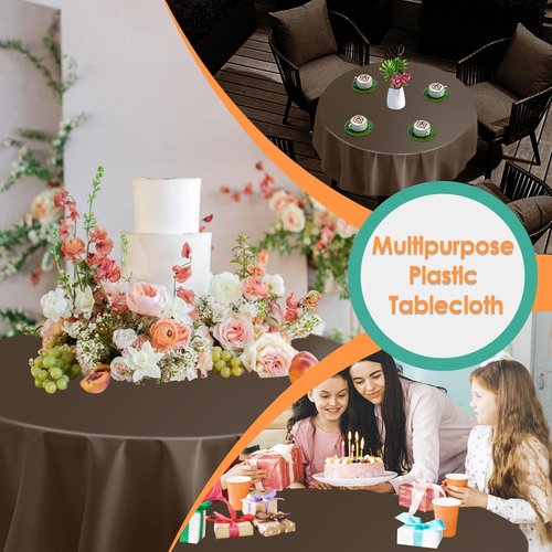 Brown 84-Inch Disposable Round Tablecloths - 12 Pack Plastic Covers for Parties & Events