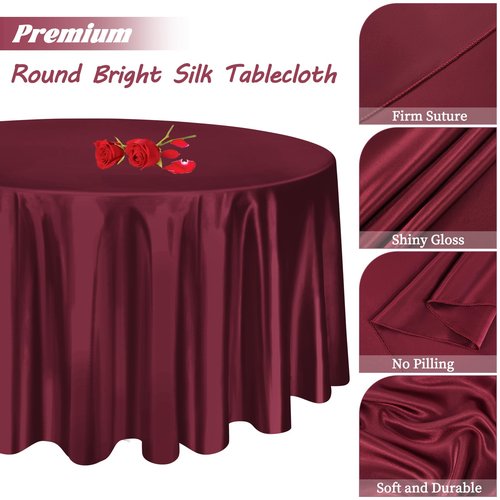 12 Pack 108 Inch Burgundy Satin Tablecloth - Silky Round Tablecloth Overlay Smooth Fabric Table Cover, Bright Table Decoration for Wedding Party Banquet Events Restaurant Kitchen Dining