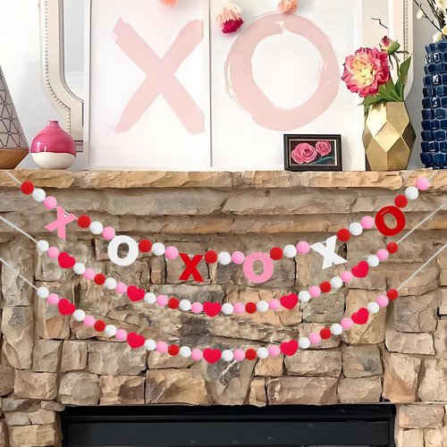 Valentines Day Decorations, 3 PCS Felt Garland with XOXO and Red Heart Shape Garland for Valentine Party, Wedding, Anniversary, Valentines Day Banner for Mantle Fireplace Walls Room Decor
