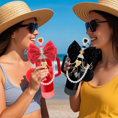 LBU Bling Stanley Cup Accessories for 40/30/20 oz Tumbler with Handle Including Glitter Bow Straw Topper, Heart Straw Cover, Water Bottle Handle Strap, Boot, Pom-Pom, Keychain Charms(Red)