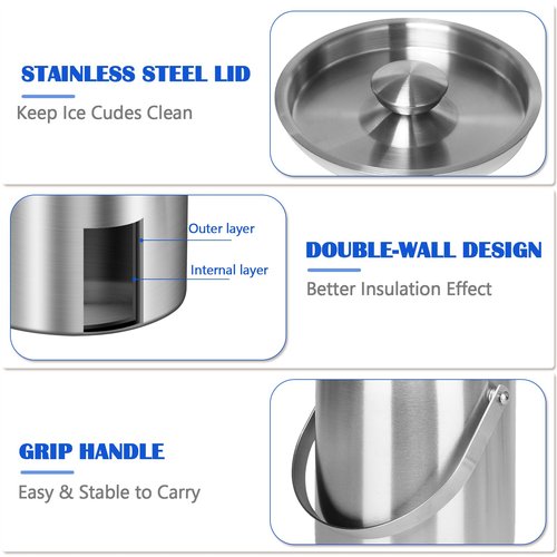 CAOANTRY Ice Bucket with Lid & Tong- Well Made Insulated Stainless Steel Keep Ice Frozen Longer - Ideal for Cocktail Bar, Parties, Chilling Wine, Champagne - 2 Liter (Stainless Steel)
