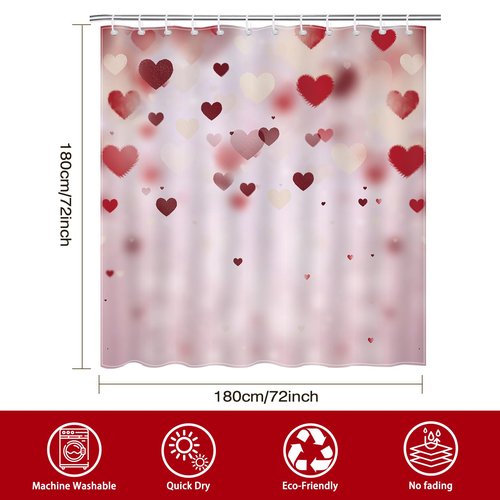 Mocsicka Valentines Day Shower Curtain Pink Red Love Hearts Bathroom Shower Curtain Waterproof Romantic Shower Curtains Bathtub Decor with 12 Hooks 72 X 72 Inches