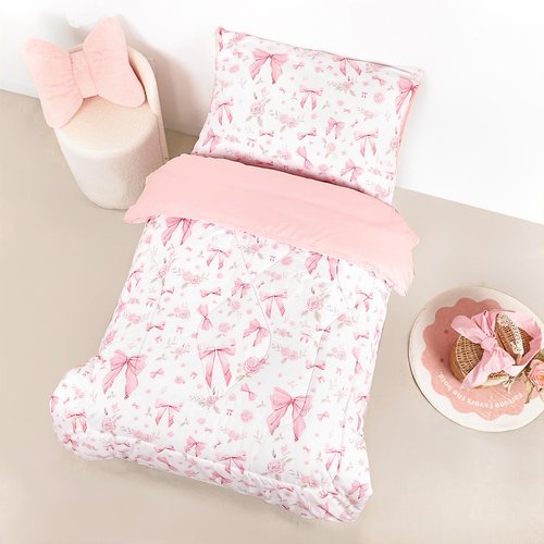 Jundetye Toddler Bedding Set for Girls 4 Pieces Pink Rose, Soft Breathable Toddler Comforter Set, Bow Flower Print, Includes Reversible Comforter, Fitted Sheet and Flat Sheet, Pillowcase