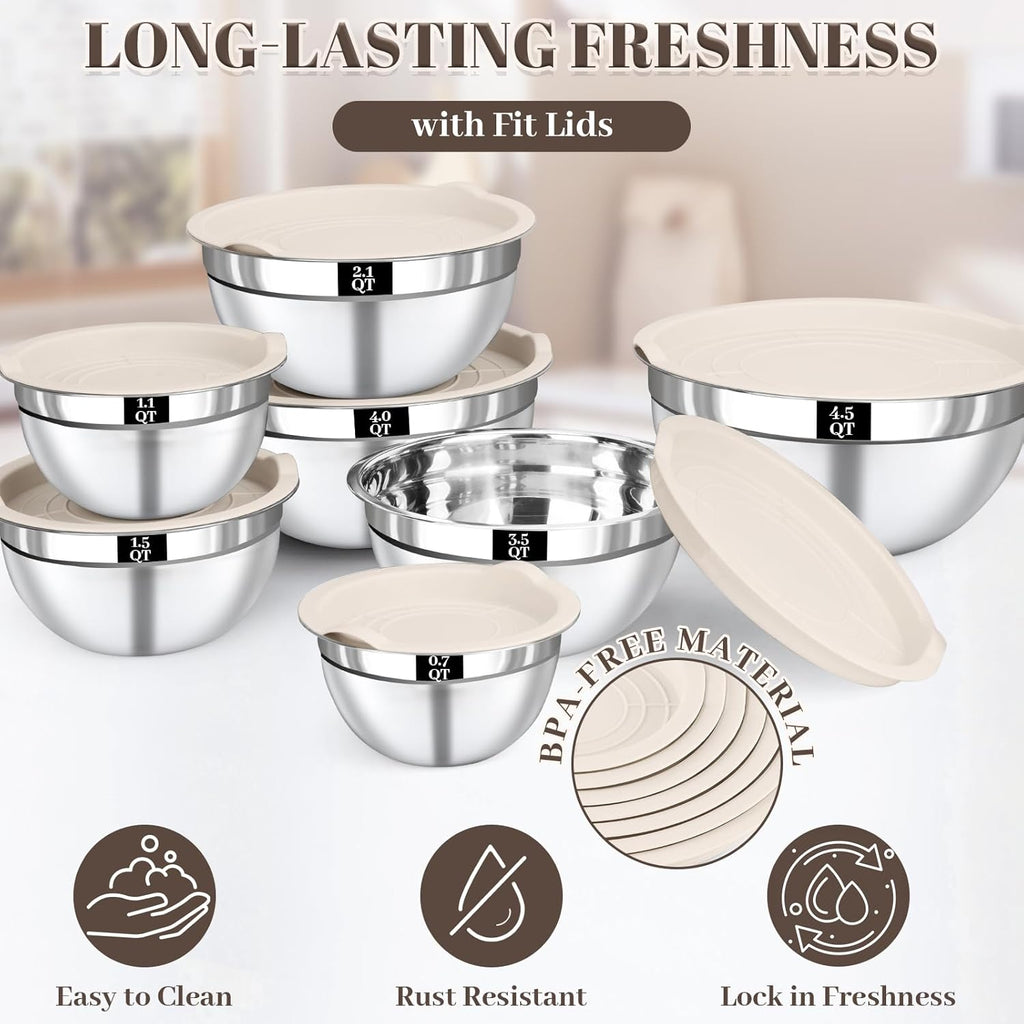 Stainless Steel Mixing Bowls Set by [Brand Name] - 7PCS Nesting Bowls with Lids for Baking & Meal Prep | Dishwasher Safe, Khaki