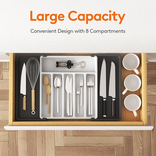 Lifewit Expandable Silverware Drawer Organizer - BPA-Free Utensil Tray for Kitchen | Adjustable Storage, 13-22 x 15", White & Black