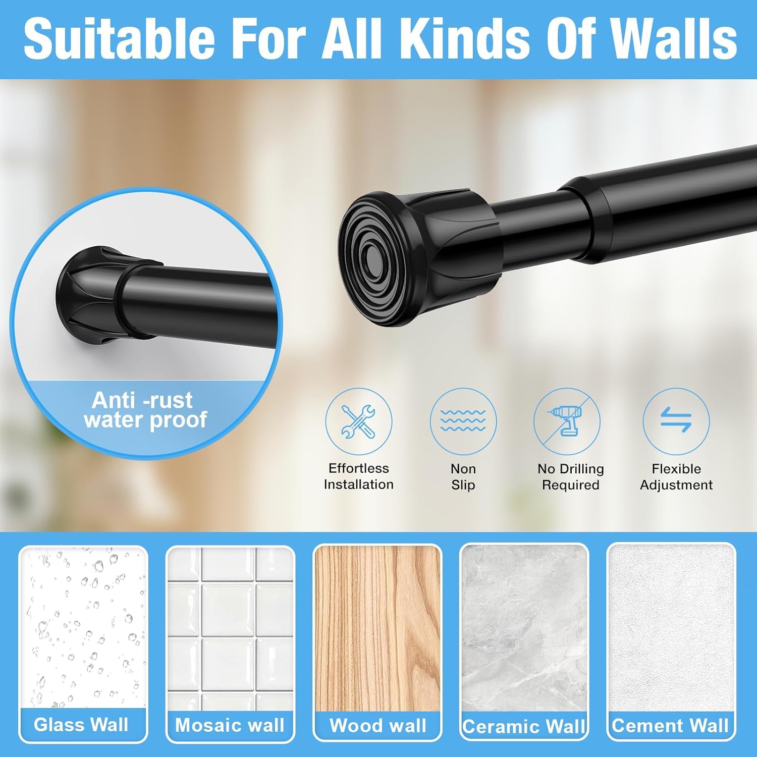 QINGYUN 2 Pack Black Spring Tension Curtain Rods 28-48 Inches, Spring Loaded Curtain Rods No Drilling, Adjustable Small Tension Rod for Windows, Kitchen, Doorway, Bathroom, Closet
