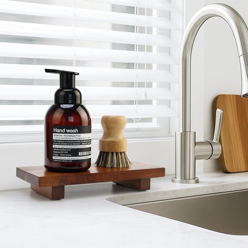 Acacia Wood Riser Pedestal Stand Farmhouse Small Bathroom Vanity Tray Rustic Wooden Hand Soap Dish Dispenser Holder for Kitchen Sink Counter Decorative Tray Modern Bathroom Decor Organizer Accessories