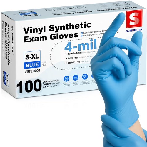 Schneider Blue Vinyl Synthetic Exam Gloves, Medium, Box of 100, 4 Mil, Powder-Free, Latex-Free, Non-Sterile, Disposable Gloves
