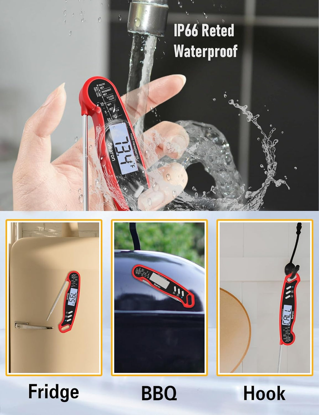 Searon Digital Meat Thermometer - Instant Read, Waterproof Design for BBQ, Grilling & Baking