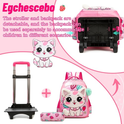 Egchescebo Kids Rolling Plush cat Backpack for Girls Trolley Suitcases Luggage Travel with Wheels Detachable Wheeled 17" 3PCS Roller Backpacks Set Toddler Back Pack School Bags for Elementary Pink