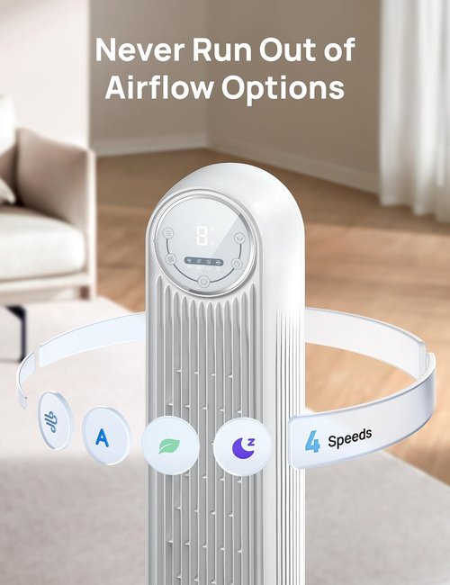 DREO Bladeless Tower Fan - Smart 90° Oscillating Floor Fan with 4 Modes, Remote & WiFi Control
